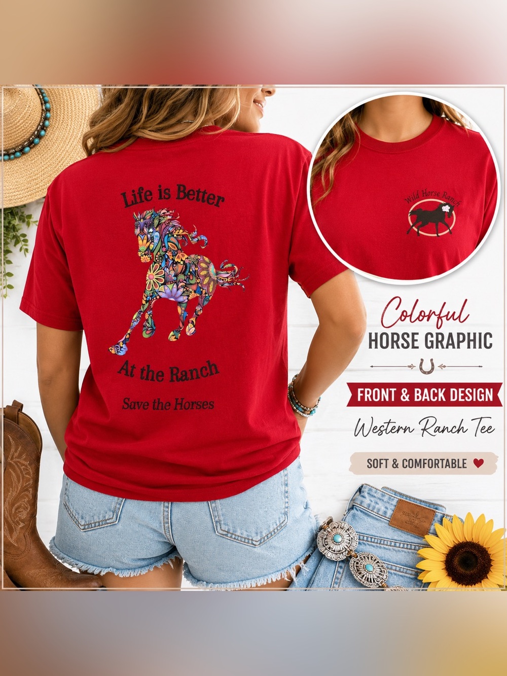 Save the Horses Ranch Graphic Tee | Colorful Horse | Western | Gildan | Cotton